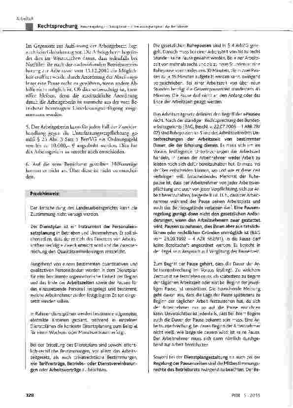 Vorschauseite 5: Pausenregelung in Dienstplänen -Unterlassungsanspruch des BetriebsratsBetrVG § 23 Abs. 3, § 87 Abs. 1 Nr. 2