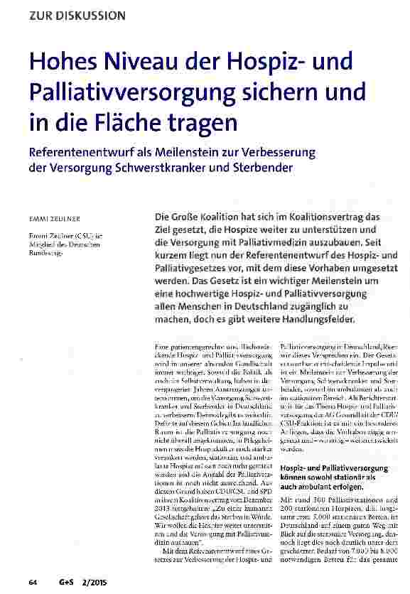 Vorschauseite 1: Hohes Niveau der Hospizund Palliativversorgung sichern und in die Fläche tragen