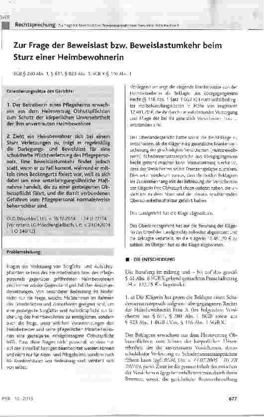 Vorschauseite 1: Zur Frage der Beweislast bzw. Beweislastumkehr beim Sturz einer Heimbewohnerin