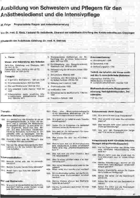 Vorschauseite 1: Ausbildung von Schwestern und Pflegern für den Anästhesiedienst und die Intensivpflege/29. Folge: Programmierte Fragen und Antwortensamml.