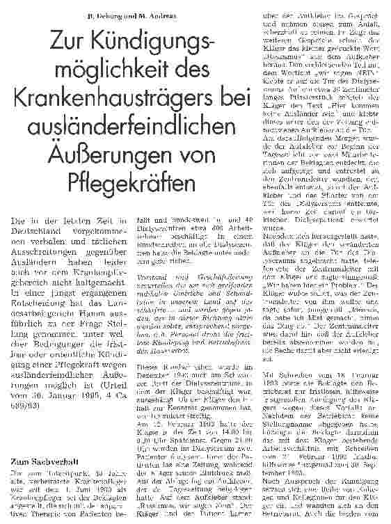 Vorschauseite 1: Zur Kündigungsmöglichkeit des Krankenhausträgers bei ausländerfeindlichen Äußerungen von Pflegekräften