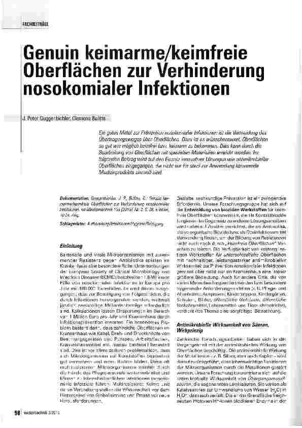 Vorschauseite 1: Genuin keimarme/keimfreie Oberflächen zur Verhinderung nosokomialer Infektionen