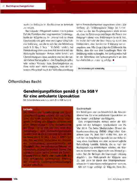 Vorschauseite 1: Genehmisungsfiktion gemäß § 13a SGB V für eine ambulante Liposuktion SG Gelsenkirchen vom 5. 2. 2015 (S 17 KR 524/14)