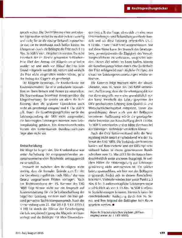 Vorschauseite 2: Genehmisungsfiktion gemäß § 13a SGB V für eine ambulante Liposuktion SG Gelsenkirchen vom 5. 2. 2015 (S 17 KR 524/14)