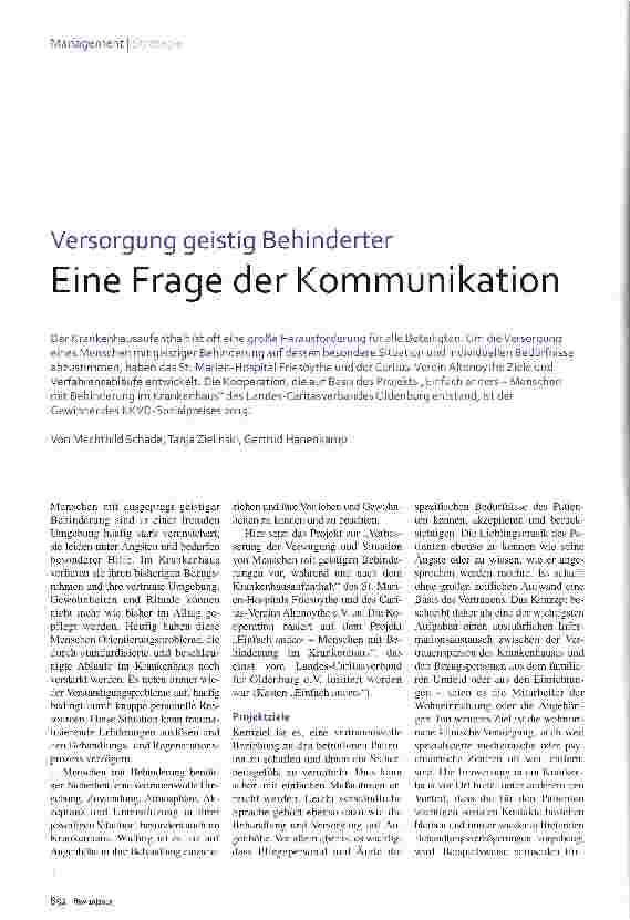 Vorschauseite 1: Versorgung geistig BehinderterEine Frage der Kommunikation