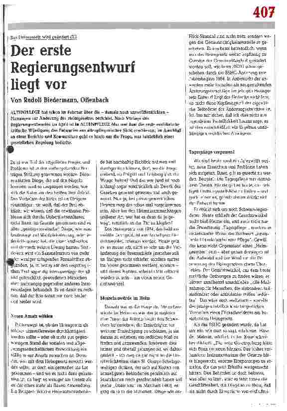 Vorschauseite 1: Der erste Regierungsentwurf liegt vor. Das Heimgesetz wird geändert.