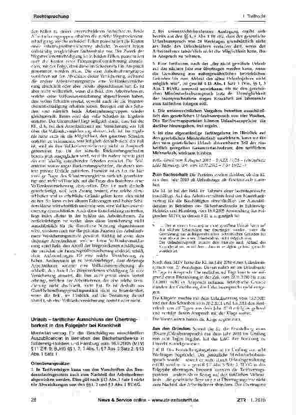 Vorschauseite 1: Urlaub - tariflicher Ausschluss der Übertragbarkeit in das Folgejahr bei Krankheit