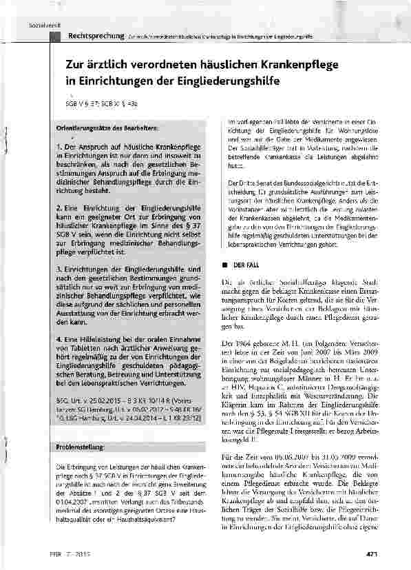 Vorschauseite 1: Zur ärztlich verordneten häuslichen Krankenpflege in Einrichtungen der Eingliederungshilfe SGB V§ 37;SGBXI § 43a