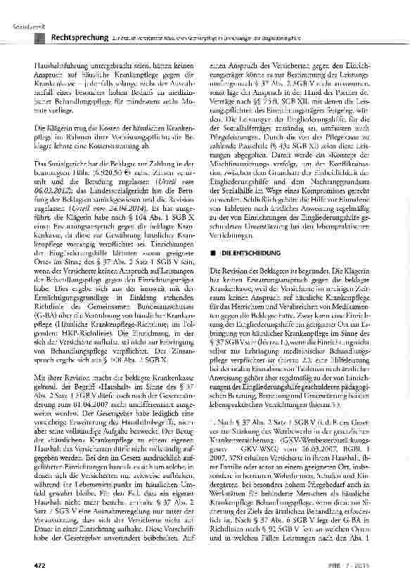 Vorschauseite 2: Zur ärztlich verordneten häuslichen Krankenpflege in Einrichtungen der Eingliederungshilfe SGB V§ 37;SGBXI § 43a