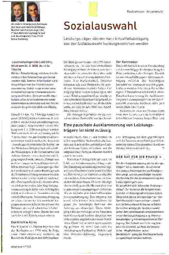 Vorschauseite 1: SozialauswahlLeistungsträger können nach Einzelfallabwägung aus der Sozialauswahl herausgenommen werden