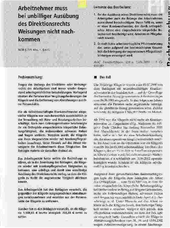 Vorschauseite 1: Arbeitnehmer muss bei unbilliger Ausübung des Direktionsrechts Weisungen nicht nachkommen