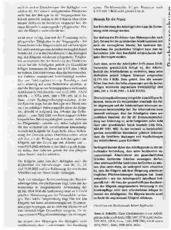 Vorschauseite 3: Arbeitnehmer muss bei unbilliger Ausübung des Direktionsrechts Weisungen nicht nachkommen