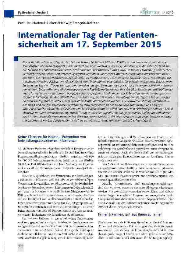 Vorschauseite 1: Internationaler Tag der Patienten-sicherheit am 17. September 2015
