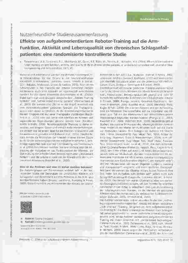 Vorschauseite 1: Nutzerfreundliche StudienzusammenfassungEffekte von aufgabenorientiertem Roboter-Training auf die Arm- Funktion, Aktivität und Lebensqualität von chronischen Schlaganfallpatienten…