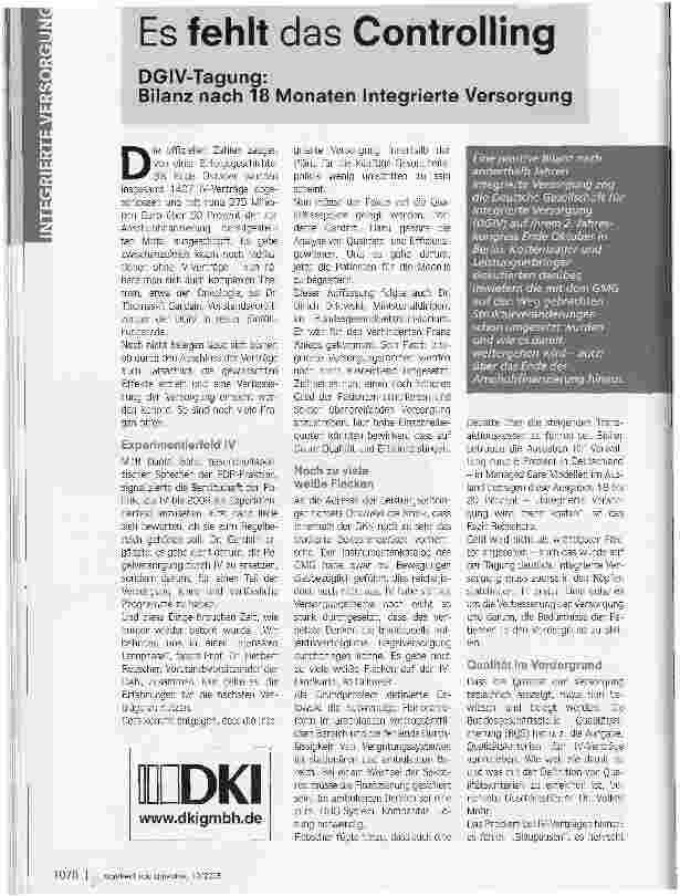 Vorschauseite 1: Es fehlt das ControllingDGIV-Tagung: Bilanz nach 18 Monaten Integrierte Versorgung