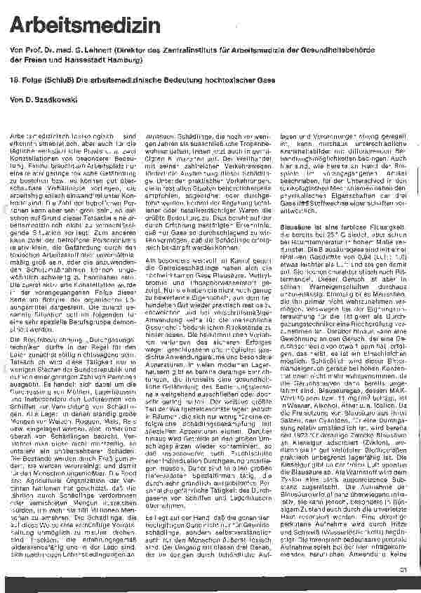 Vorschauseite 1: Arbeitsmedizin 18 Folge (Schluß) Die arbeitsmedizinische Bedeutung hochtoxischer Gase