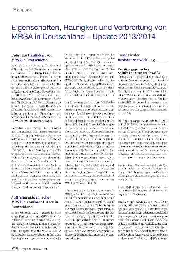 Vorschauseite 1: Eigenschaften, Häufigkeit und Verbreitung von MRSA in Deutschland - Update 2013/2014