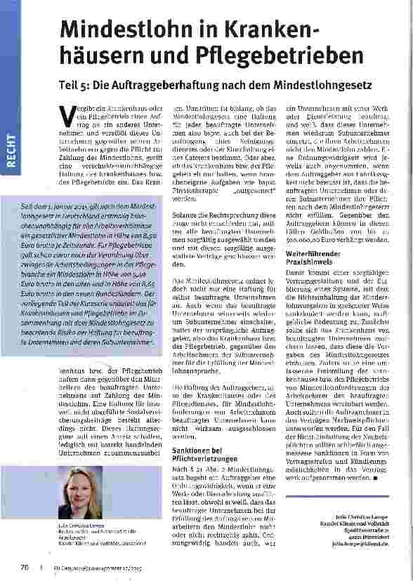 Vorschauseite 1: Mindestlohn in Krankenhäusern und Pflegebetrieben Teil 5: Die Auftraggeberhaftung nach dem Mindestlohngesetz