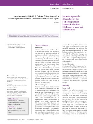 Vorschauseite 1: Lormetazepam als Alternative in der Sedierung kritisch kranker Patienten: Erfahrungen aus zwei Fallberichten