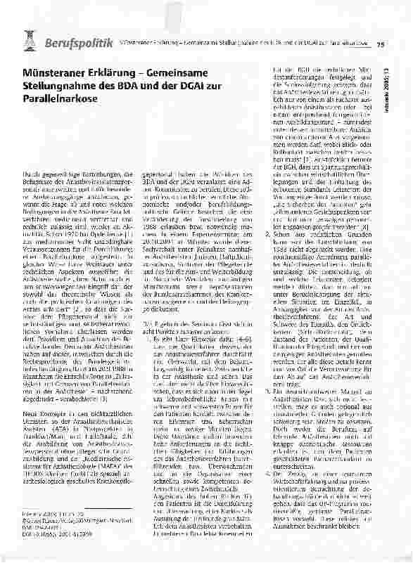 Vorschauseite 1: Münsteraner Erklärung - Gemeinsame Stellungnahme des BDA und der DGAI zur Parallelnarkose