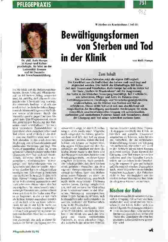 Vorschauseite 1: Bewältigungsformen von Sterben und Tod in der Klink Sterben im Krankenhaus, Teil 3