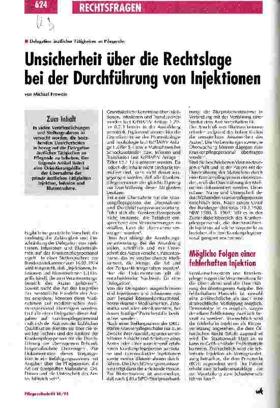 Vorschauseite 1: Unsicherheit über die Rechtslage bei der Durchführung von Injektionen Delegation ärztlicher Tätigkeiten an Pflegeberufe