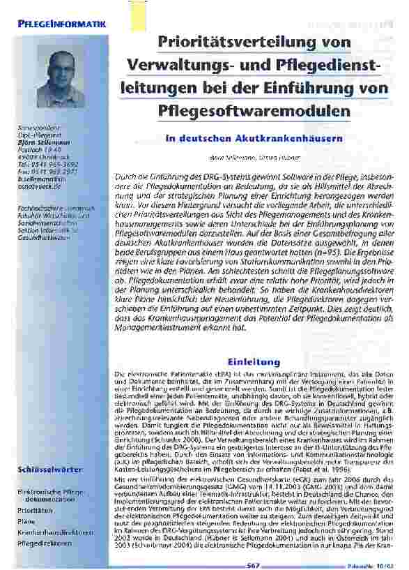 Vorschauseite 1: Prioritätsverteilung von Verwaltungsund Pflegedienst-leitungen bei der Einführung von Pflegesoftwaremodulenin deutschen Akutkrankenhäusern