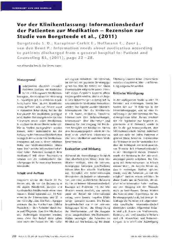 Vorschauseite 1: Vor der Klinikentlassung: Informationsbedarf der Patienten zur Medikation — Rezension zur Studie von Borgsteede et al., (2011)