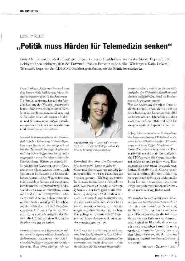 Vorschauseite 1: Politik muss Hürden für Telemedizin senken