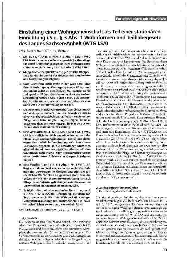 Vorschauseite 1: Einstufung einer Wohngemeinschaft als Teil einer stationären Einrichtung i. S. d. § 3 Abs. 1 Wohnformen und Teilhabegesetz des Landes Sachsen-Anhalt (WTG LSA)