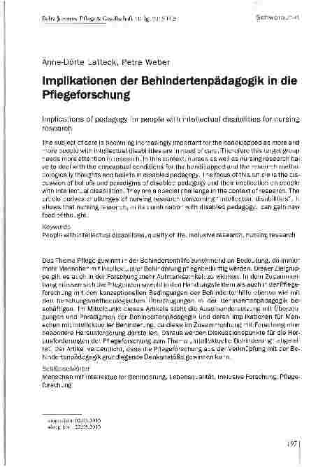 Vorschauseite 1: Implikationen der Behindertenpädagogik in die Pflegeforschung