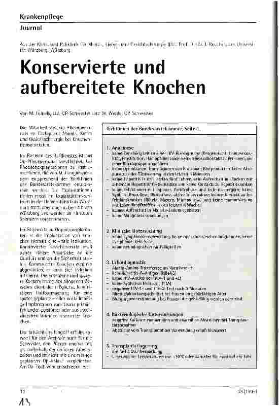Vorschauseite 1: Konservierte und aufbereitete Knochen Die Mitarbeit des OP-Pflegepersonals im Fachgebiet Mund-, Kiefer und Gesichtschirurgie bei Knochentransplantationen