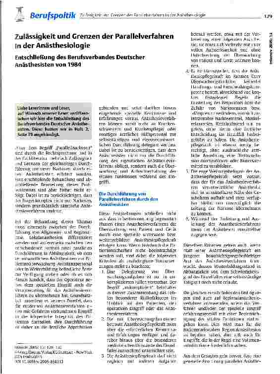Vorschauseite 1: Zulässigkeit und Grenzen der Parallelverfahren in der AnästhesiologieEntschließung des Berufsverbandes Deutscher Anästhesisten von 1984