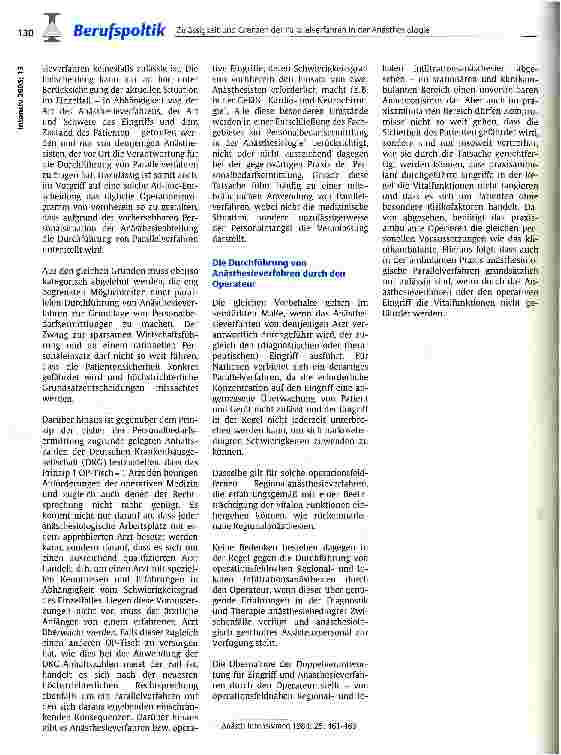 Vorschauseite 2: Zulässigkeit und Grenzen der Parallelverfahren in der AnästhesiologieEntschließung des Berufsverbandes Deutscher Anästhesisten von 1984