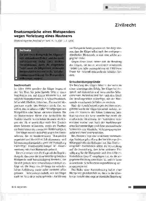 Vorschauseite 1: Ersatzansprüche eines Blutspenders wegen Verletzung eines Hautnervs