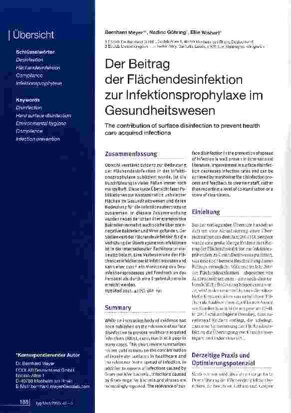 Vorschauseite 1: Der Beitrag der Flächendesinfektion zur Infektionsprophylaxe im Gesundheitswesen