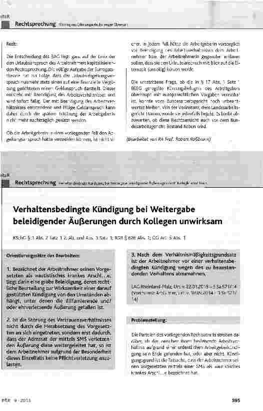Vorschauseite 1: Verhaltensbedingte Kündigung bei Weitergabe beleidigender Äußerungen durch Kollegen unwirksam