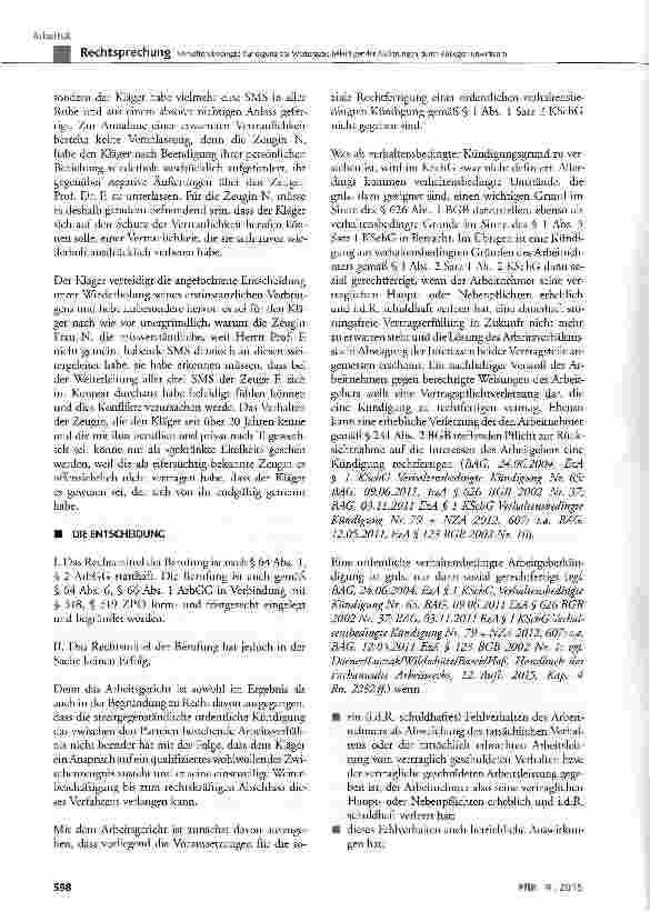 Vorschauseite 4: Verhaltensbedingte Kündigung bei Weitergabe beleidigender Äußerungen durch Kollegen unwirksam