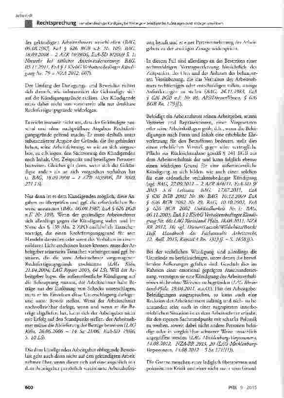 Vorschauseite 6: Verhaltensbedingte Kündigung bei Weitergabe beleidigender Äußerungen durch Kollegen unwirksam