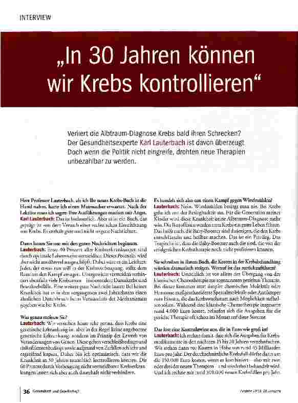 Vorschauseite 1: In 30 Jahren können wir Krebs kontrollieren