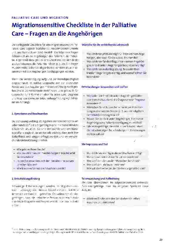Vorschauseite 1: Migrationssensitive Checkliste in der Palliative Care - Fragen an die Angehörigen