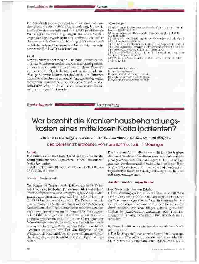 Vorschauseite 1: Wer bezahlt die Krankenhausbehandlungskosten eines mittellosen Notfallpatienten?