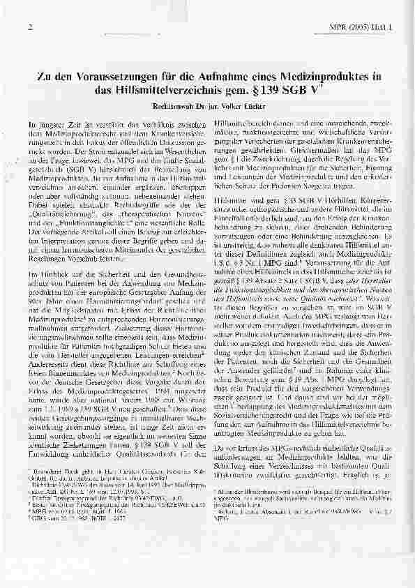 Vorschauseite 1: Zu den Voraussetzungen für die Aufnahme eines Medizinproduktes in das Hilfsmittelverzeichnis gem. § 139 SGB V