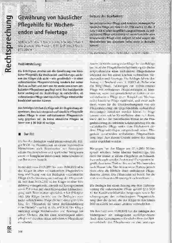 Vorschauseite 1: Gewährung von häuslicher Pflegehilfe für Wochenenden und Feiertage