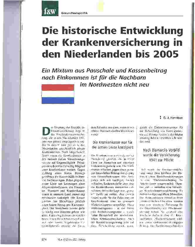 Vorschauseite 1: Die historische Entwicklung der Krankenversicherung in den Niederlanden bis 2005
