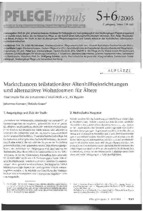 Vorschauseite 1: Marktchancen teilstationärer Altenhilfeeinrichtungen und alternativer Wohnformen für ÄltereEine Studie für die Johanniter-Unfall-Hilfe e.V., LV Bayern