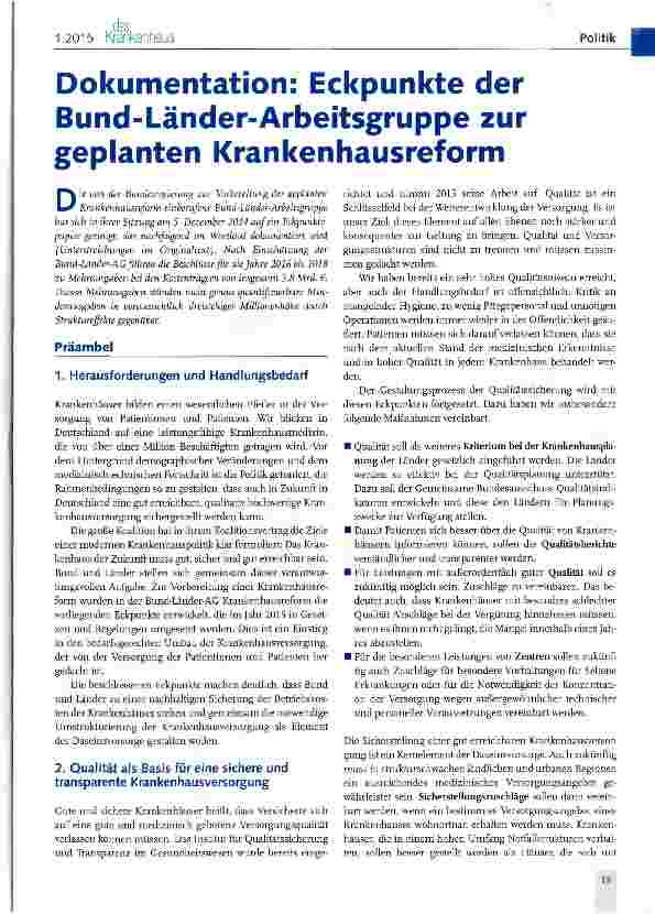 Vorschauseite 1: Dokumentation: Eckpunkte der Bund-Länder-Arbeitsgruppe zur geplanten Krankenhausreform