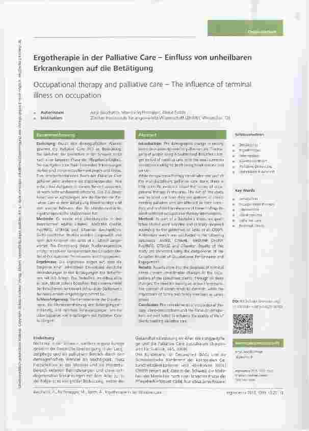 Vorschauseite 1: Ergotherapie in der Palliative Care Einfluss von unheilbaren Erkrankungen auf die Betätigung