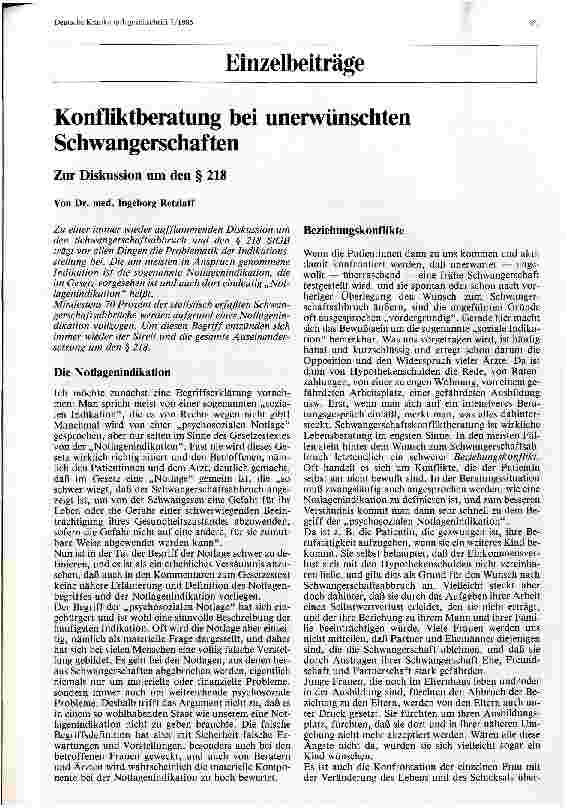 Vorschauseite 1: Konfliktberatung bei unerwünschten Schwangerschaften zur Diskussion um den  218