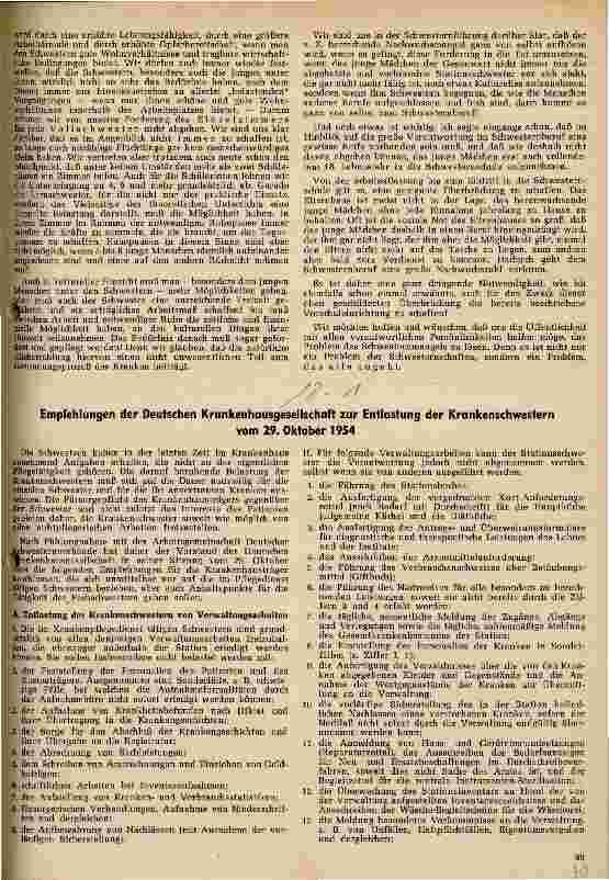 Vorschauseite 1: Empfehlungen der Deutschen Krankenhausgesellschaft zur Entlastung der Kankenschwestern vom 29. Oktober 1954